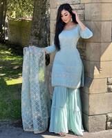 Ensemble Sharara et Dupatta en Faux Georgette avec broderies riches et travail de sequins de 5 mm, sans motif Moti, avec haut à manches.