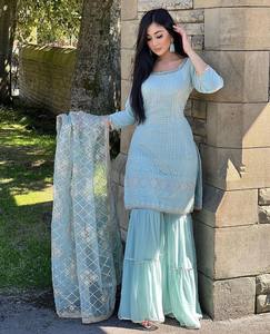 Faux Georgette With Heavy Embroidery And 5mm Sequence Work With Moti Less With Sleeves Top Sharara and Dupatta Set - Product Image 1