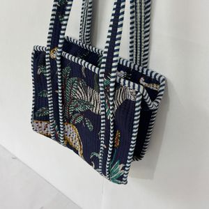 Animal Print Textile Shopping <b>Bag</b> <b>Medium</b> Size Long Handle Zipper Closure Beach <b>Tote</b> Kids Size 8x8 Inches Quilted Cotton - Product Image 1