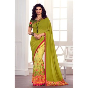TRENDING GEORGETTE ENCAJE ESTAMPADO WIORK SAREE CON BLUSA SIN COSTAR MEHNDI - Product Image 1
