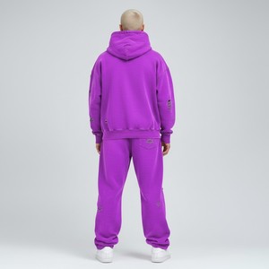 Conjunto de Sudadera con Capucha para Hombre, Estilo Vintage, Diseño Personalizado OEM, Impresión Digital, 2 Piezas, 400 GSM, Tejido Grueso, Color Morado Desgastado - Product Image 2