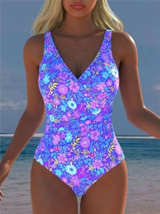 Traje de Baño Entero Sexy para Mujer, Talla Grande, Color Sólido, Bikini Sexy con Cuello en V Profundo, Color Degradado, Diseño Drapeado y Elástico - Product Image 4