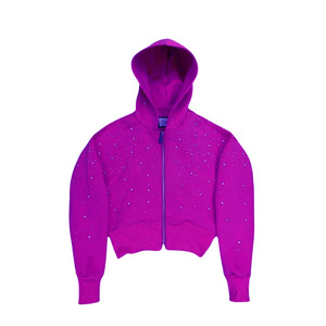 Sudadera con capucha corta personalizada de moda con estampado de puntos brillantes y pedrería, corte regular, unisex, con cremallera frontal, de forro polar, para uso casual. - Product Image 3