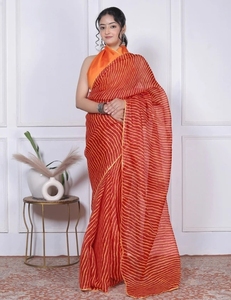 Sari de Otoño KV para Mujer, a Rayas, de Mezcla de Algodón Kota Doria, Reversible, de Secado Rápido, Antiarrugas, con Blusa Sin Coser (Naranja) - Product Image 1