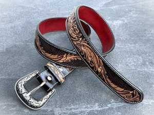 Genuine Leather <b>Western</b> Cowboy <b>Belt</b> with Silver Buckle Floral Tooled Design Vintage Casual Men's Handcrafted <b>Belt</b> | Durable - Product Image 4