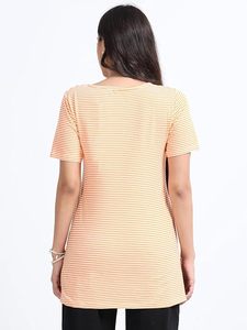 T-shirt de maternité rayé pour femme, manches courtes, col rond, coupe ample, respirant, tricoté, décontracté, mi-long, orange et noir - Product Image 2