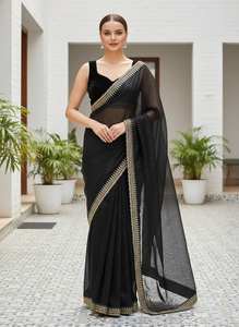 Sari en tissu sergé doux pour occasions spéciales avec broderie de sequins Jari Dori et bordure en dentelle de velours fantaisie - Product Image 5