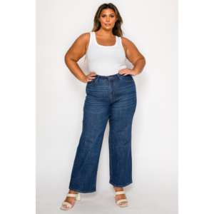 Jeans Anchos de Cintura Alta para Mujer, Talla Grande, Color Azul Oscuro, Elásticos, Cómodos, Casuales, Holgados, 100% Algodón, para Uso Diario - Product Image 2