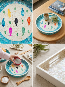 Bandeja de Servir Colgante de Cerámica Hecha a Mano, Duradera, Ecológica, Impermeable, Moderna, con Borde Azul y Patrón de Peces Coloridos - Product Image 2