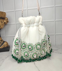 Flat Ethnic Jaipuri Silk Indian Wedding Zardozi Work Potli Bag Silk Embroidery Handwork Handbag - Product Image 4
