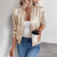 Veste bomber en velours doré pour femme, fermeture éclair, col montant, manches longues, couleur unie, tendance, vente en gros OEM