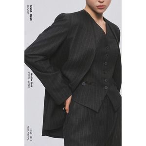Conjunto de Blazer a Rayas para Mujer, de Lino y Algodón, con Botones, Largo, para Eventos Corporativos, B9045, Venta al Por Mayor para Exportación - Product Image 1