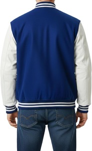 <b>Men's</b> Royal Blue Varsity <b>Jacket</b> Solid Color Button Closure Turn-down Collar Casual Style Autumn Wear Regular Fit - Product Image 4