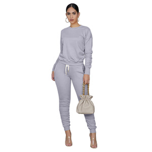 Conjunto de 2 Piezas Tejido para Mujer, Sudadera de Manga Larga con Cuello Redondo y Bolsillo, Leggings Ajustados hasta el Tobillo, Color Sólido - Product Image 3