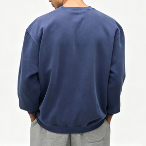 Sweat-shirt à col rond bleu marine pour homme, couleur unie, décontracté, vêtement d'automne, tricoté en French Terry, manches longues - Product Image 2