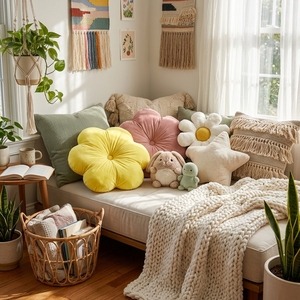 Coussin décoratif en velours fait main en forme de fleur, coussin touffeté en peluche, esthétique, pour siège au sol ou lit, jaune, textiles de maison, vente en gros - Product Image 6