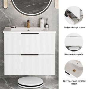 24-Inch Modern <b>Bathroom</b> <b>Vanity</b> Cabinet White Wall Mounted Floating Fluted <b>Vanity</b> with Drawers and Ceramic Sink - Product Image 5