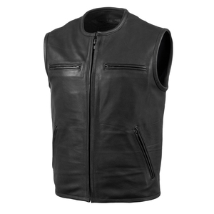<b>Men's</b> Black Genuine Leather <b>Vest</b> Zip Up Stand Collar Moto Biker <b>Waistcoat</b> with Pockets Windproof Autumn Spring Outerwear - Product Image 2