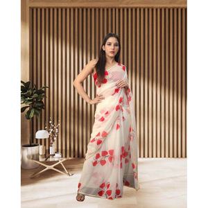 SAREE DE TRAVAIL D'IMPRESSION NUMÉRIQUE À LA MODE AVEC CHEMISIER NON COUDU BLANC ET ROUGE - Product Image 1