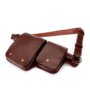 <b>Top</b> Trending Custom Vintage Leather Waist Bag With Double Pockets Rivet Decoration Unisex Crossbody Style Brown Color - Product Image 3