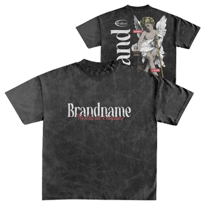 T-shirt noir à manches courtes pour homme, personnalisé, délavé à l'acide, avec imprimé graphique ange, coupe droite, col rond, style décontracté, coupe ample - Product Image 1