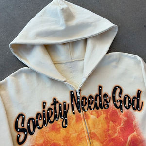 Custom Oversized Zip Hoodie with Embossed Letter Print Premium Cotton Fleece Rhinestone Detail OEM ODM Custom Design Hoodies - Product Image 3