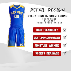 Uniformes de basket-ball personnalisés bleu et jaune, nom de l'équipe sublimé, maillot respirant en mesh, shorts unisexes, coupe athlétique pour adultes - Product Image 5