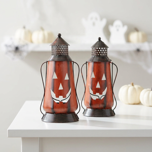 Moderno Halloween calabaza LED linterna último hierro decorativo hecho a mano troquelado portavelas forma sagrada hogar uso al aire libre - Product Image 1