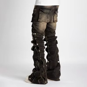 Nuevo Diseño, Jeans Hiphop Personalizados para Hombre, Pantalones Casuales de Corte Acampanado con Hebilla Lateral y Cremallera, Cintura Media, Lavado Claro - Product Image 1