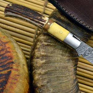 Couteau pliant en acier Damas, lame à pointe tombante, manche en bois de cerf, couteau de chasse - Product Image 5