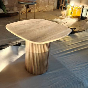 NORDICA OVAL SIDE <b>TABLE</b> with TRAVERTINE <b>TOP</b> SOFE in <b>OAK</b> WOOD European Design Durable & Eco-Friendly for Home Office Living Room - Product Image 1