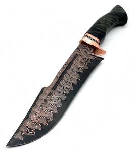 Couteau utilitaire personnalisé en acier damas cuivré, pointe clip, avec bolster en cuivre et manche en bois de burl - Product Image 4
