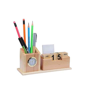 Porte-stylos en bois, organiseur de bureau, support à stylos/crayons en bois d'acacia avec horloge, artisanat parfait, meilleur prix - Product Image 1
