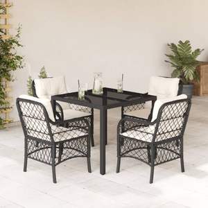 Set da pranzo da 5 pezzi in Poly Rattan nero con cuscini mobili da esterno - Product Image 1
