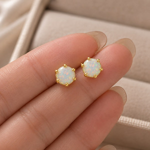 925 Sterling Silver Jewelry Natural Stone Gold Plated 925 Silver Opal Stud Earrings - Product Image 2