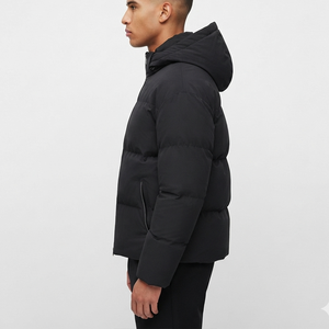 <b>Men's</b> Black Hooded Puffer Jacket With Flame Logo <b>Heat</b> Transfer Printing Windproof Winter Casual <b>Coat</b> Regular Fit Polyester Shell - Product Image 5