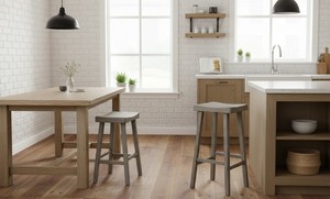 Ensemble de 2 tabourets modernes en bois d'hévéa avec assise courbée - Tabourets de comptoir/bar pour table basse - Product Image 2