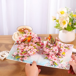 Carte de vœux 3D artisanale Viet-craft en carton, motif fleur de cerisier et oiseau, origine Hanoï, vente en gros - Product Image 4