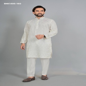 High Quality Cotton <b>Silk</b> with Embroidered Readymade Full-Sleeve Collar-Neck <b>Kurta</b>-Payjama Collection Wholesale Supply - Product Image 1