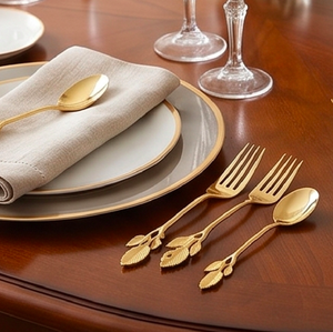Ensemble de couverts Golden Leaf Design avec fourchette, couteau et cuillères, élégants couverts en métal pour mariage et utilisation sur table - Product Image 3