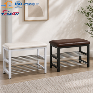 Banc à chaussures avec coussin en similicuir, étagère de rangement à 2 niveaux en métal pour entrée et placard - Product Image 1