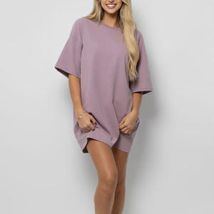 Robe T-shirt ample en coton violet pour femme, décontractée, à manches courtes, couleur unie, col rond, en jersey tricoté, coupe ample, mini-robe - Product Image 6
