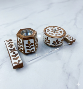 Juego de regalo de quemador de incienso hecho a mano con incrustaciones de resina y nácar Madkhan para uso religioso - Product Image 1