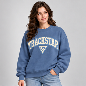 Women's Medium Blue Solid Color Varsity Letter <b>Crewneck</b> Sweatshirt Long Sleeve Custom Logo - Product Image 4