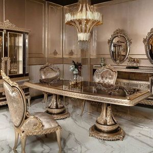 Ensemble de table à manger de luxe Celestique The Addison, en teck massif avec plateau en marbre, sculpté à la main, collection de meubles classiques de style palais. - Product Image 1