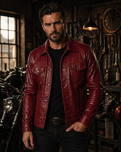 Veste de motard en cuir véritable rouge pour homme, col rabattu, fermeture à boutons, coupe ajustée, imperméable, respirante, coupe-vent pour l'hiver - Product Image 1