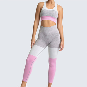 Color Blocking Yoga Set High Waist Leggings Crop Top Racerback Seamless Four-Way Stretch Full Length Pink Gray <b>White</b> - Product Image 1