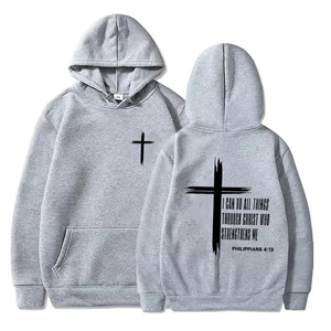 Sweat-shirt à capuche blanc pour homme avec imprimé croix, design Faith Over Fear, sweat-shirt décontracté en coton, coupe classique, vêtements d'automne - Product Image 6