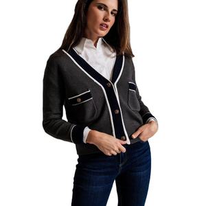 Cárdigan Gris para Mujer, Invernal, Casual, 100% Algodón, Tejido por Computadora, Sólido, con Bolsillos, Estilo Chanel, Transpirable y de Secado Rápido - Product Image 1