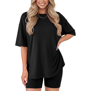Ensemble 2 pièces noir pour femme, haut ample à col rond et manches courtes avec short au-dessus du genou, en coton tricoté, décontracté, pour le printemps et l'été - Product Image 1